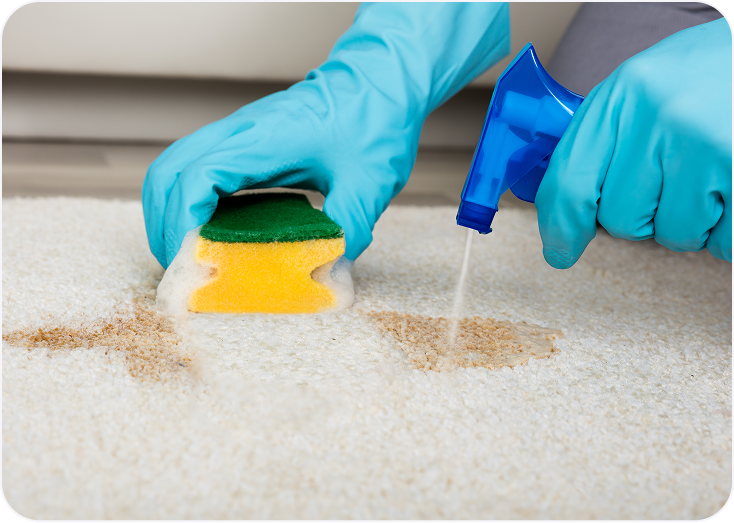 Cleaning carpet stains with gloves and sponge.